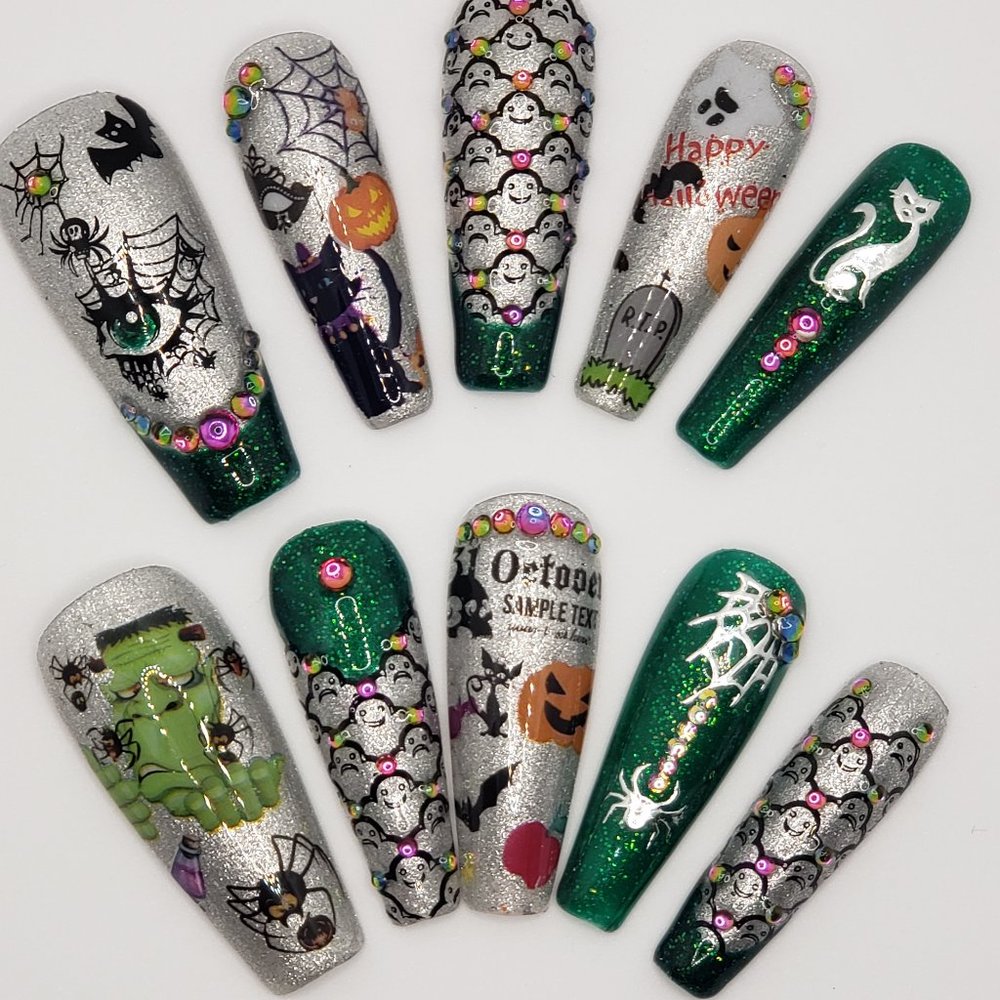 Halloween Long Coffin Press on Nails " Frankenstein's Monster "